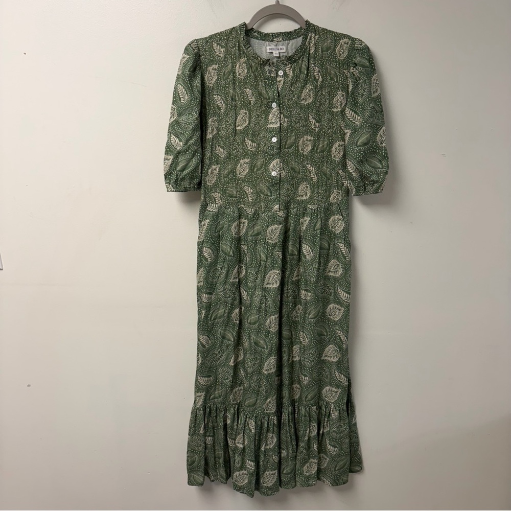 Beau & Ro 100% Lyocell Greenery Leaves Pattern Midi Dress Extra Small